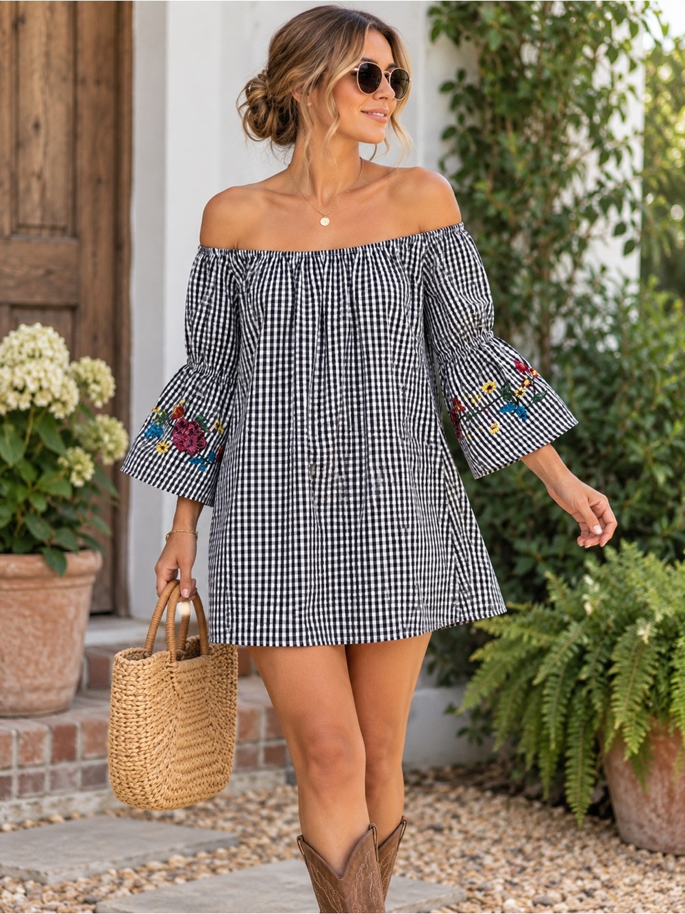 Vintage Y2K Black White Gingham Floral Embroidered Bell Sleeve Mini Dress XL